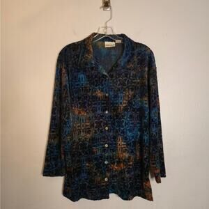 Vintage Velvet Burnout Long Sleeve Button Up Shirt M 90s Y2k Earthy Jewel Tone